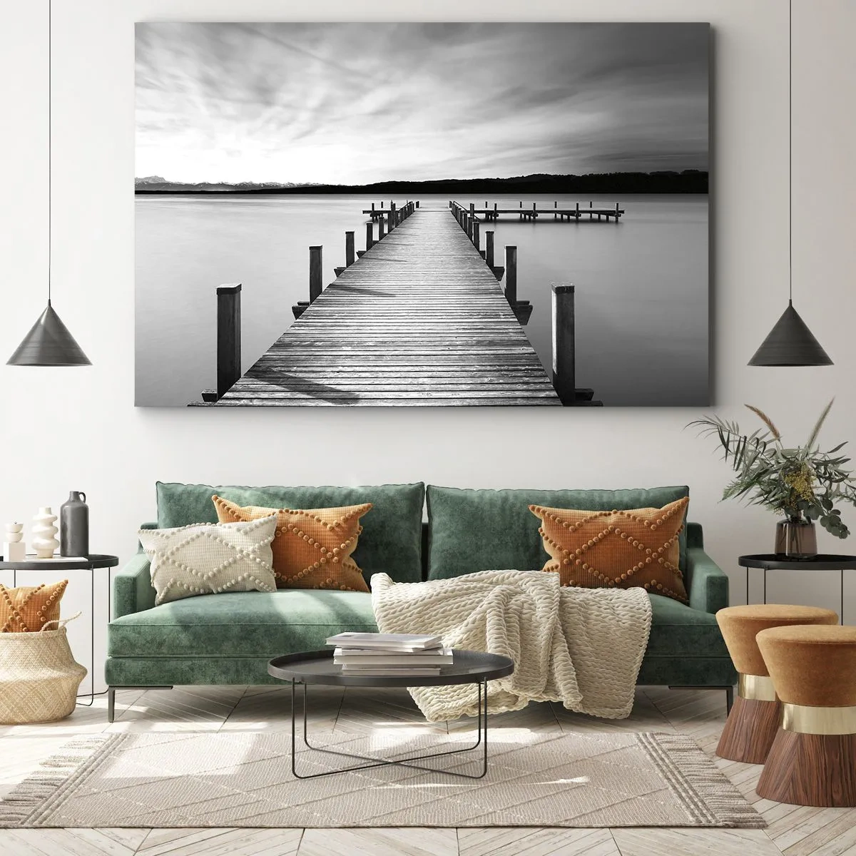 Tablou pe pânză Canvas - Un debarcader alb-negru pe un lac liniștit - 70x50cm - La adăpostul apei - pace - Decorațiune modernă pentru perete pentru living și dormitor ARTTOR