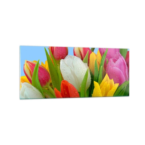 Tablou pe sticlă - Un curcubeu floral în picături de rouă - 120x50 cm