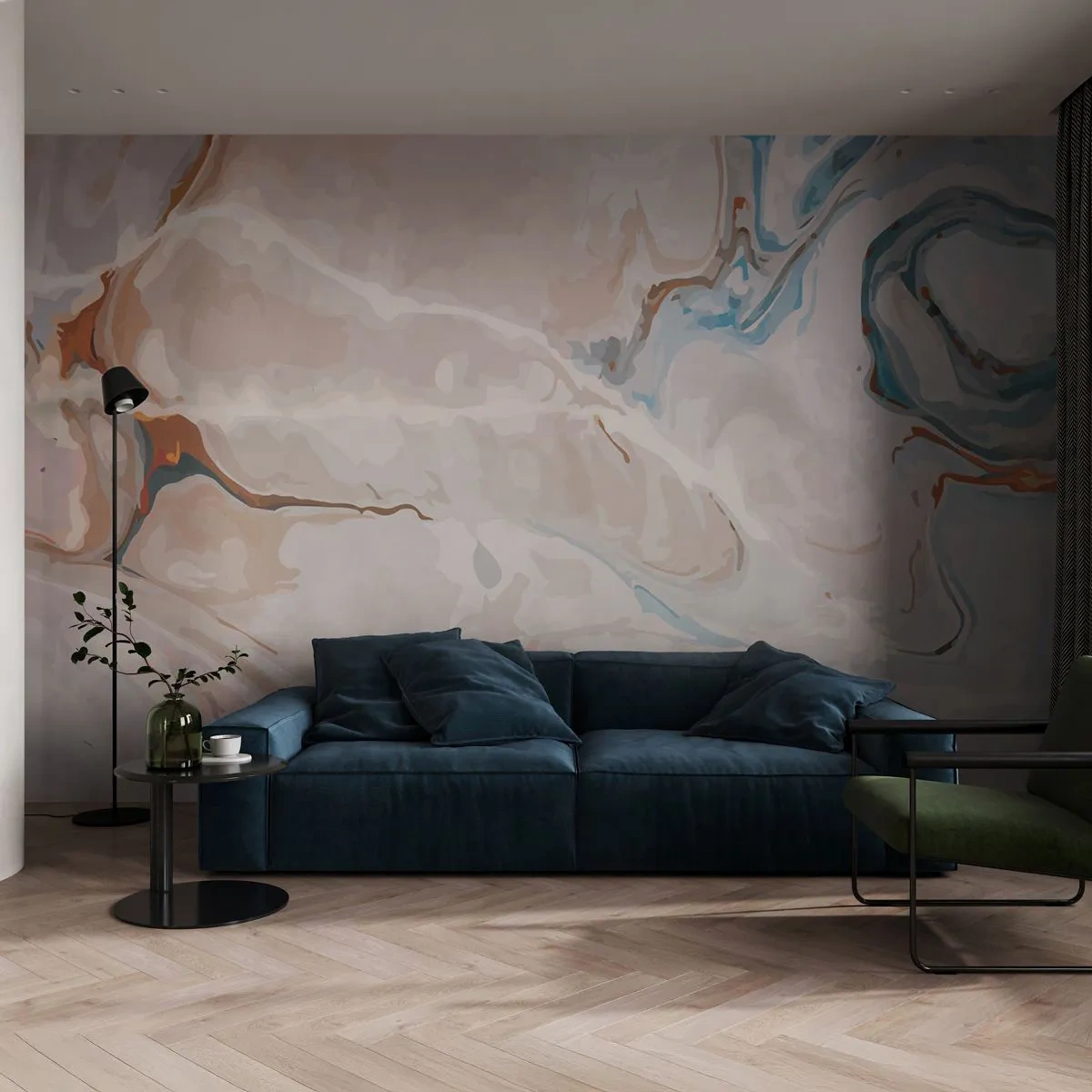Tapet Premium Sand - Meandre albastre sub alb - Abstracția, Bucată, Model modern - 100x70 cm