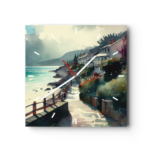 Ceas de perete - Ceas pe sticlă - Orășel mediteraneean - 40x40 cm