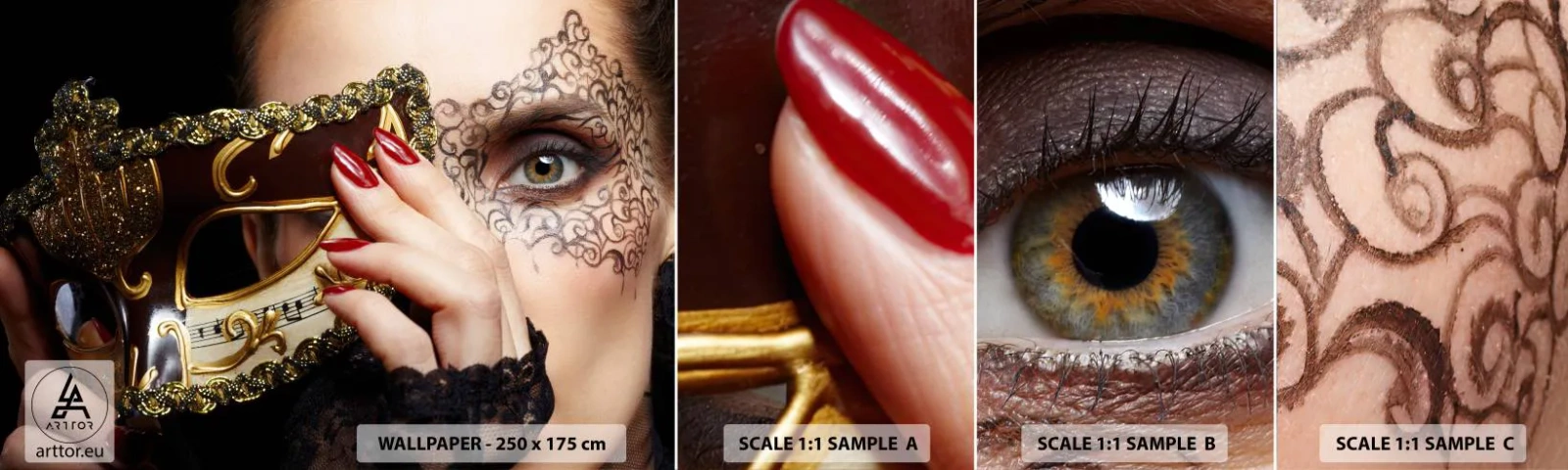 Mostră de Tapet Standard Eco - Lumea mea este barocă - Femeie, Mască venețiană, Minge - 100x30 cm