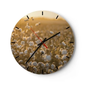 Ceas de perete - Ceas pe sticlă - Un câmp de bumbac la apus, cu culori calde - 30x30cm - Câmp pufos - Decorațiune modernă pentru perete pentru living, bucătărie și dormitor ARTTOR
