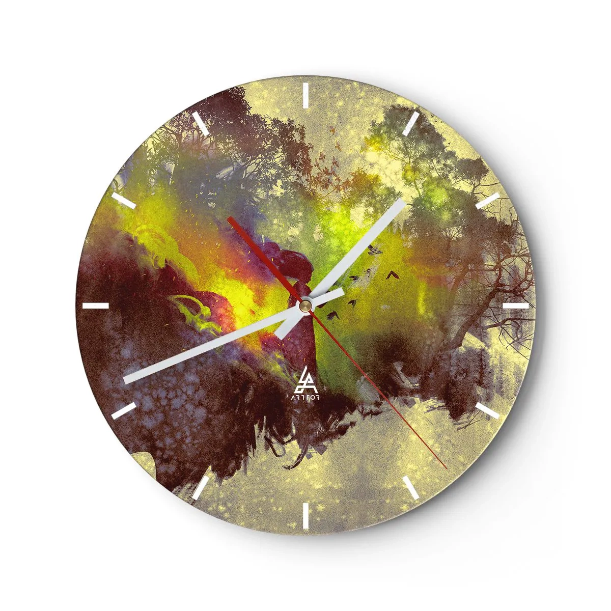 Ceas de perete - Ceas pe sticlă - Peisaj abstract cu elemente și culori naturale - 30x30cm - Mama Natură - Decorațiune modernă pentru perete pentru living, bucătărie și dormitor ARTTOR