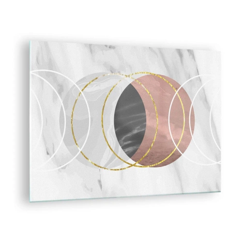 Tablou pe sticlă - Cercuri geometrice în nuanțe de cupru, auriu și marmură - 70x50cm - Muzica sferelor - Decorațiune modernă pentru perete pentru living și dormitor ARTTOR
