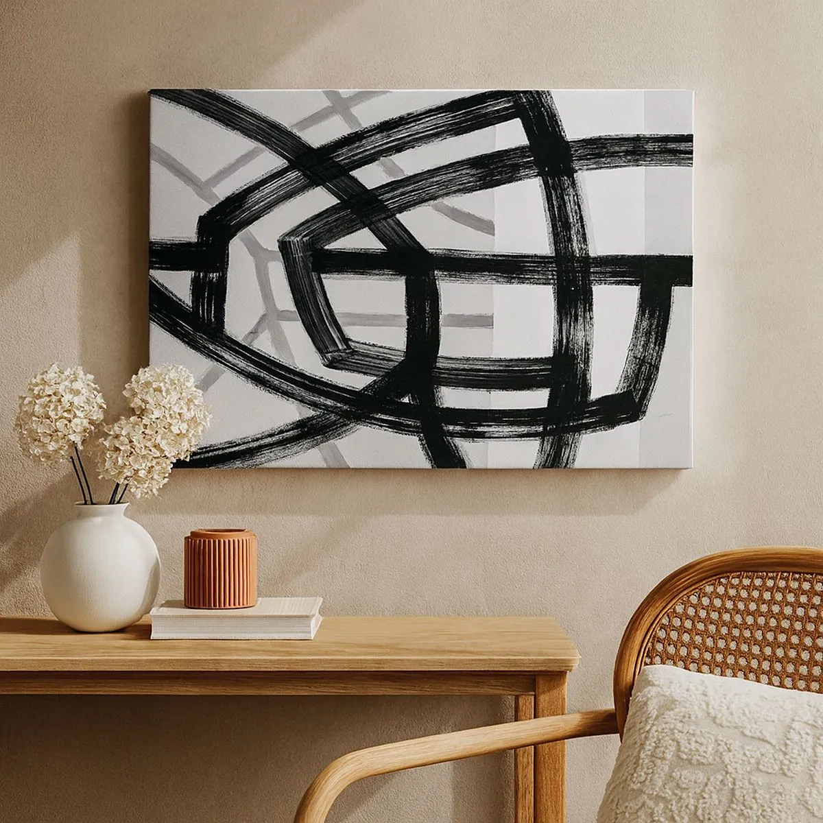 Tablou pe pânză Canvas - Linii abstracte alb-negru care se intersectează pe un fundal deschis - 70x50cm - Construind adâncimea - Decorațiune modernă pentru perete pentru living și dormitor ARTTOR