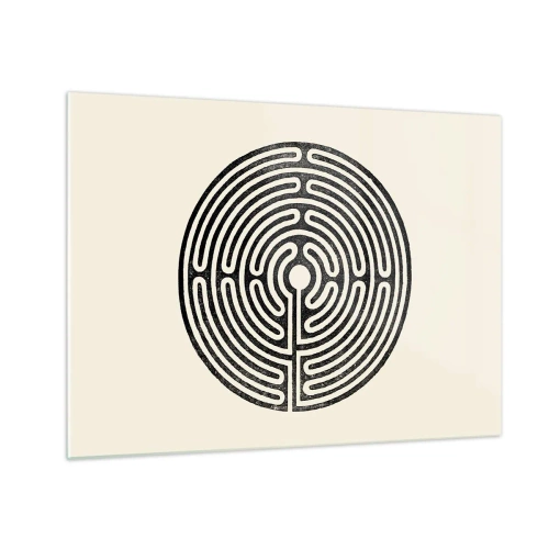 Tablou pe sticlă - Un labirint alb-negru, în formă circulară, pe un fundal deschis. - 70x50cm - Ordine secretă - Decorațiune modernă pentru perete pentru living și dormitor ARTTOR