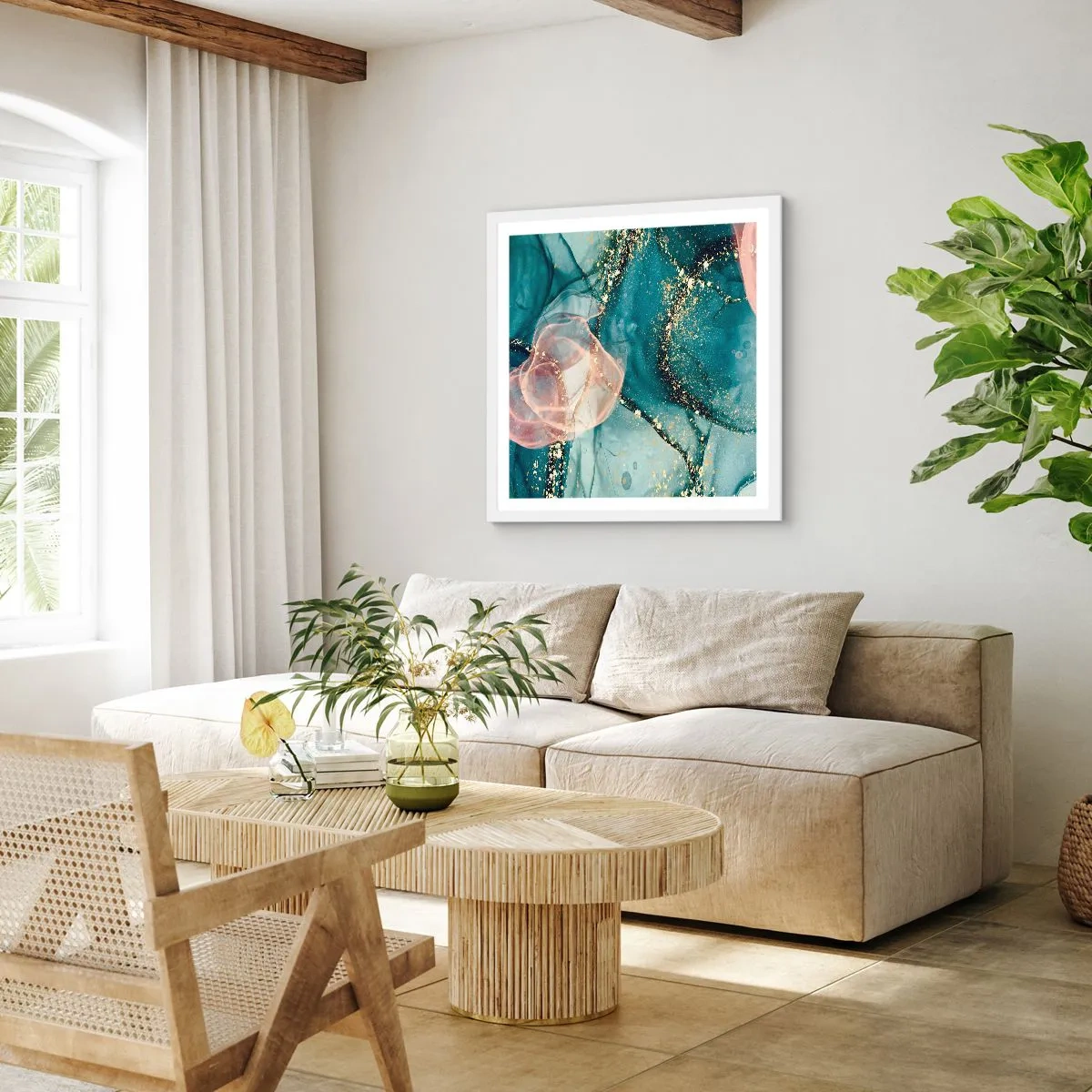 Poster în ramă albă - Mătase albastră, tul roz - 30x30 cm