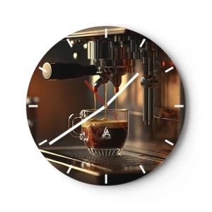 Ceas de perete - Ceas pe sticlă - Un aparat de cafea care toarnă espresso într-un pahar - 30x30cm - Băutură senzuală - Decorațiune modernă pentru perete pentru living, bucătărie și dormitor ARTTOR