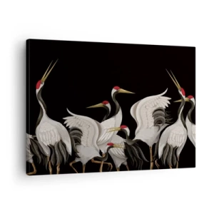 Tablou pe pânză Canvas - Macarale albe cu accente roșii pe fundal negru - 70x50cm - Problemele importante ale păsărilor - Decorațiune modernă pentru perete pentru living și dormitor ARTTOR