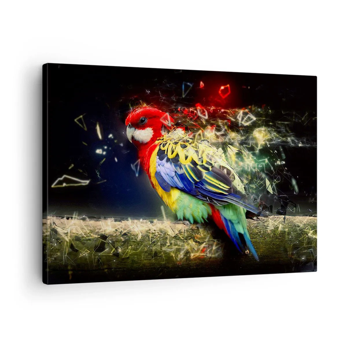 Tablou pe pânză Canvas - Un papagal în culori vii pe un fundal de efecte de lumină - 70x50cm - Mesagerul strălucirii - Decorațiune modernă pentru perete pentru living și dormitor ARTTOR