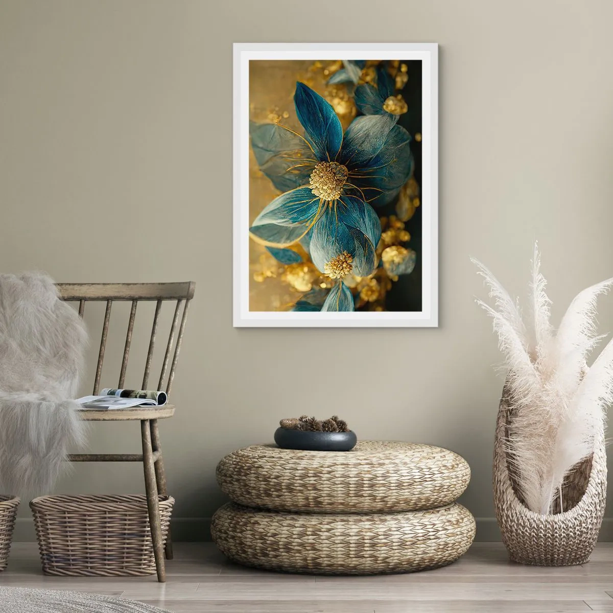 Poster în ramă albă - Floare cu aur - 30x40 cm