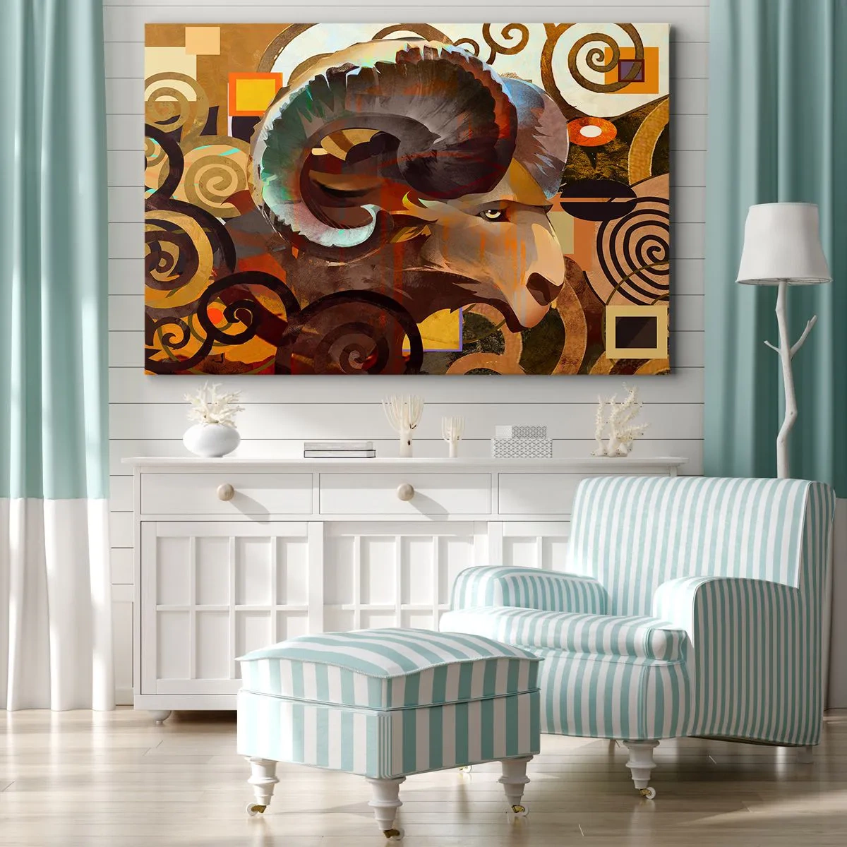 Tablou pe pânză Canvas - Un berbec simbolic într-o compoziție abstractă - 70x50cm - Magii - religii - ritualuri - Decorațiune modernă pentru perete pentru living și dormitor ARTTOR