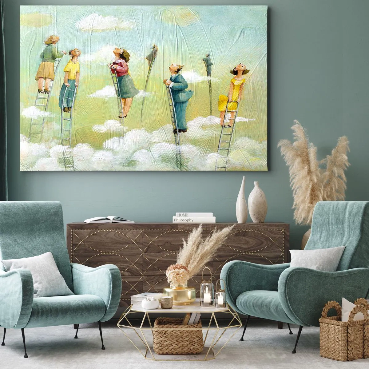 Tablou pe pânză Canvas - Figuri urcând scări printre nori pe un fundal pastel. - 70x50cm - Urmează-ți visul - Decorațiune modernă pentru perete pentru living și dormitor ARTTOR