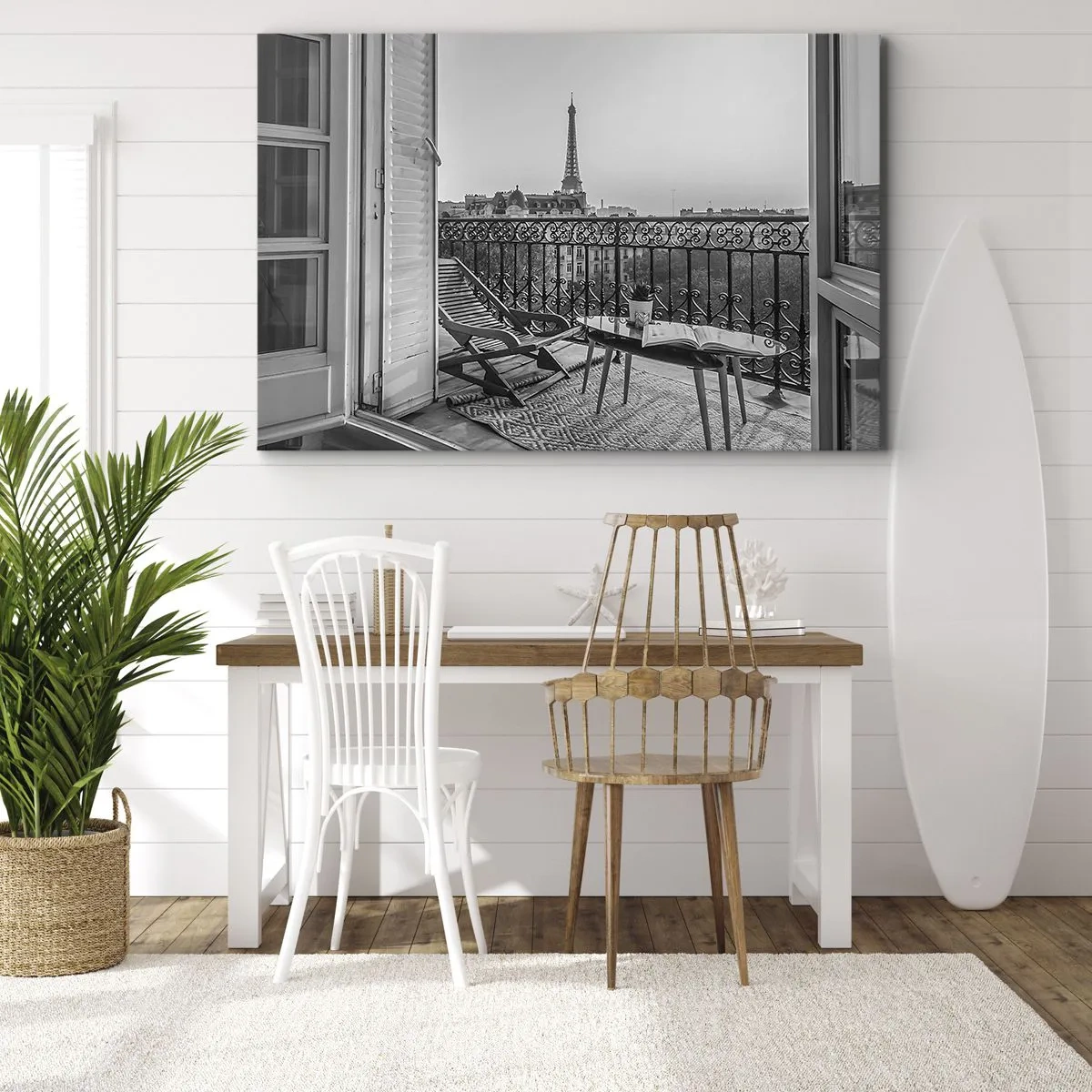 Tablou pe pânză Canvas - Vedere a Turnului Eiffel de la balcon cu șezlonguri și o masă - 70x50cm - După-amiază pariziană - Decorațiune modernă pentru perete pentru living și dormitor ARTTOR