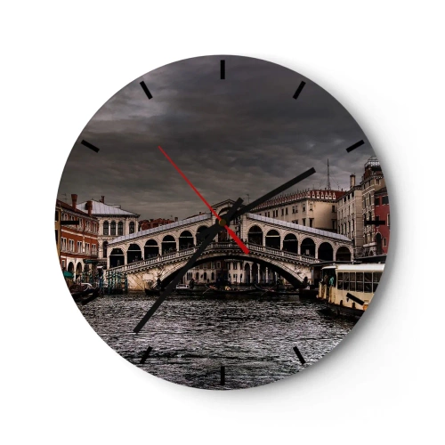 Ceas de perete - Ceas pe sticlă - Podul Rialto din Veneția sub un cer înnorat - 30x30cm - Promisiunea unei seri venețiene - Decorațiune modernă pentru perete pentru living, bucătărie și dormitor ARTTOR