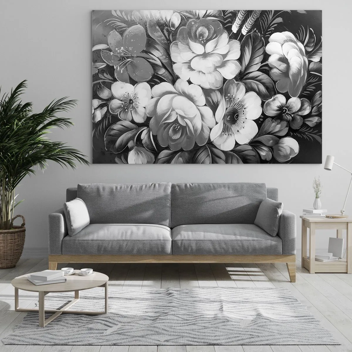 Tablou pe sticlă - Un buchet elegant de flori în nuanțe de gri - 70x50cm - Frumoase chiar și în gri - Decorațiune modernă pentru perete pentru living și dormitor ARTTOR