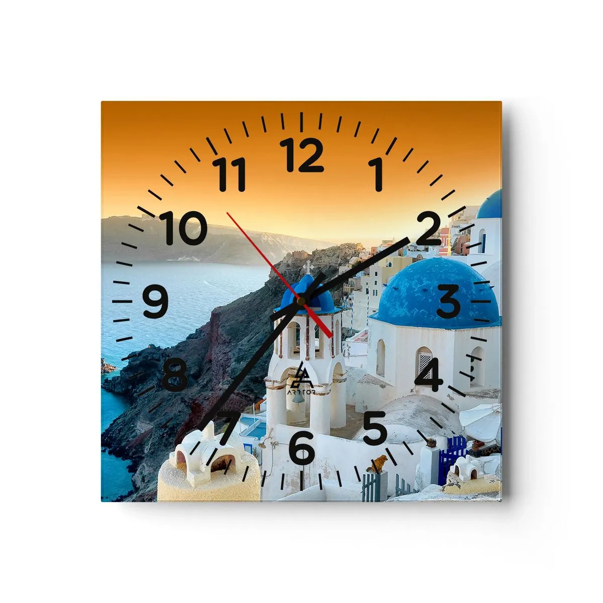 Ceas de perete - Ceas pe sticlă - Santorini - îmbrățișat de stânci - 30x30 cm
