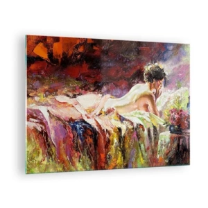 Tablou pe sticlă - Nud feminin impresionist pe material textil colorat - 70x50cm - Venus în gând - Decorațiune modernă pentru perete pentru living și dormitor ARTTOR