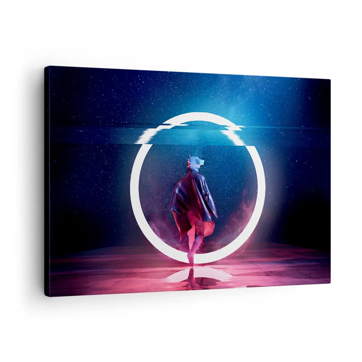 Tablou pe pânză Canvas - Un personaj într-un mediu futurist cu un cerc neon - 70x50cm - Între lumi - Decorațiune modernă pentru perete pentru living și dormitor ARTTOR