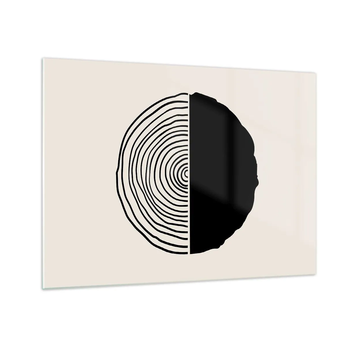 Tablou pe sticlă - O grafică minimalistă a unei secțiuni transversale a unui trunchi de copac în două jumătăți. - 70x50cm - Jumi-juma - Decorațiune modernă pentru perete pentru living și dormitor ARTTOR