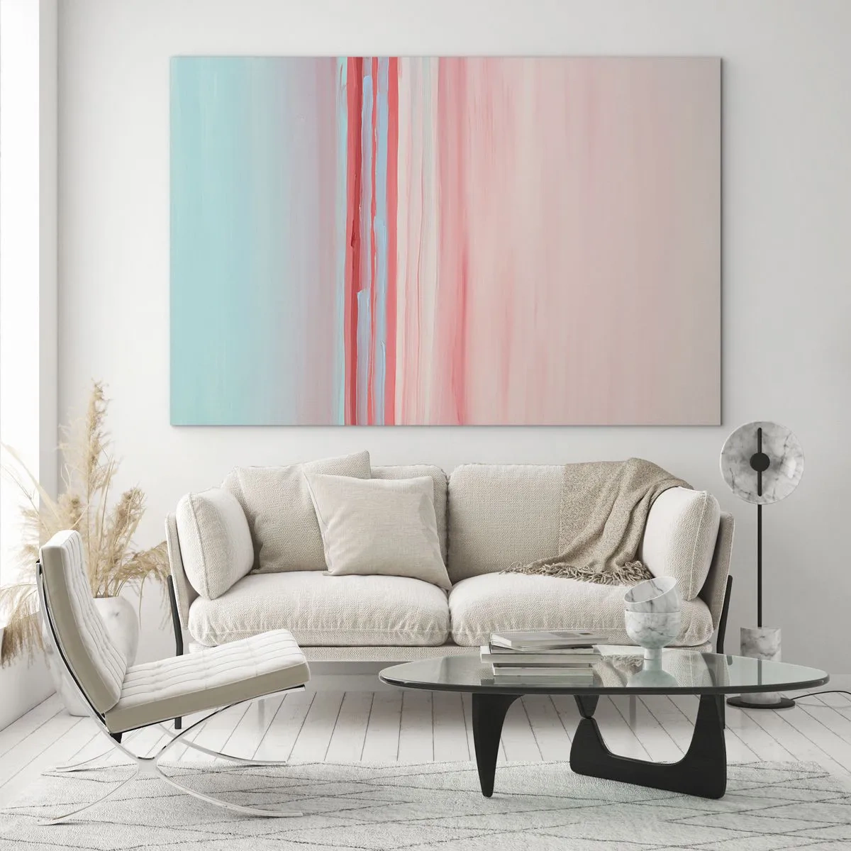 Tablou pe sticlă - Dungi verticale în nuanțe pastelate de roz și albastru - 70x50cm - Abstracție în zori - Decorațiune modernă pentru perete pentru living și dormitor ARTTOR
