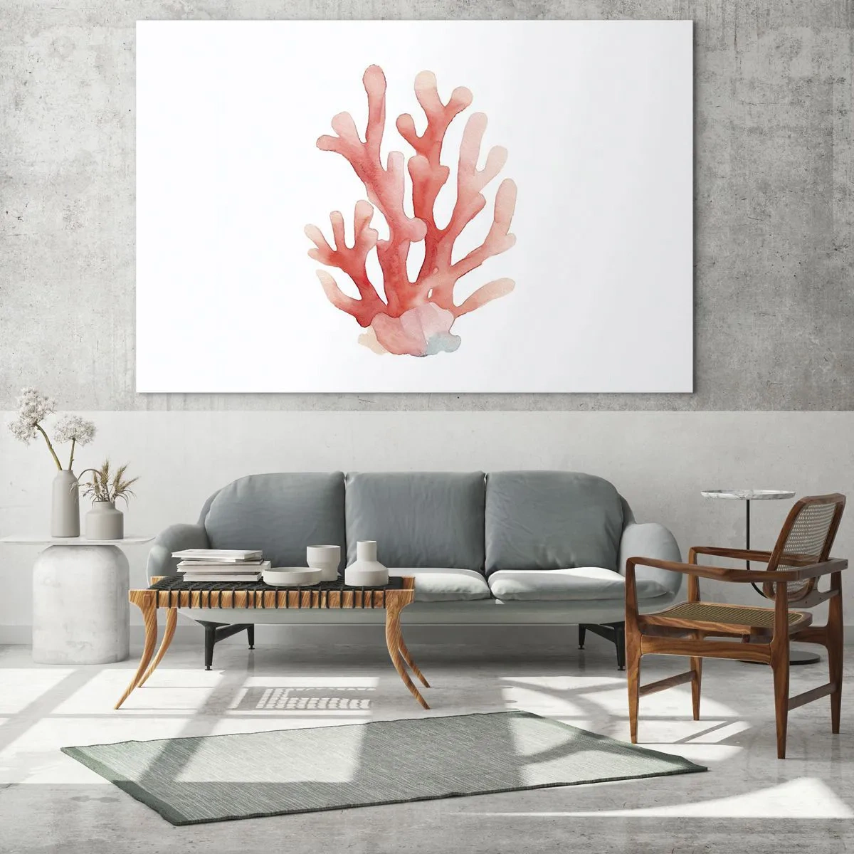 Tablou pe sticlă - Coral roz în acuarelă pe fundal alb - 70x50cm - Culoare de coral - Decorațiune modernă pentru perete pentru living și dormitor ARTTOR