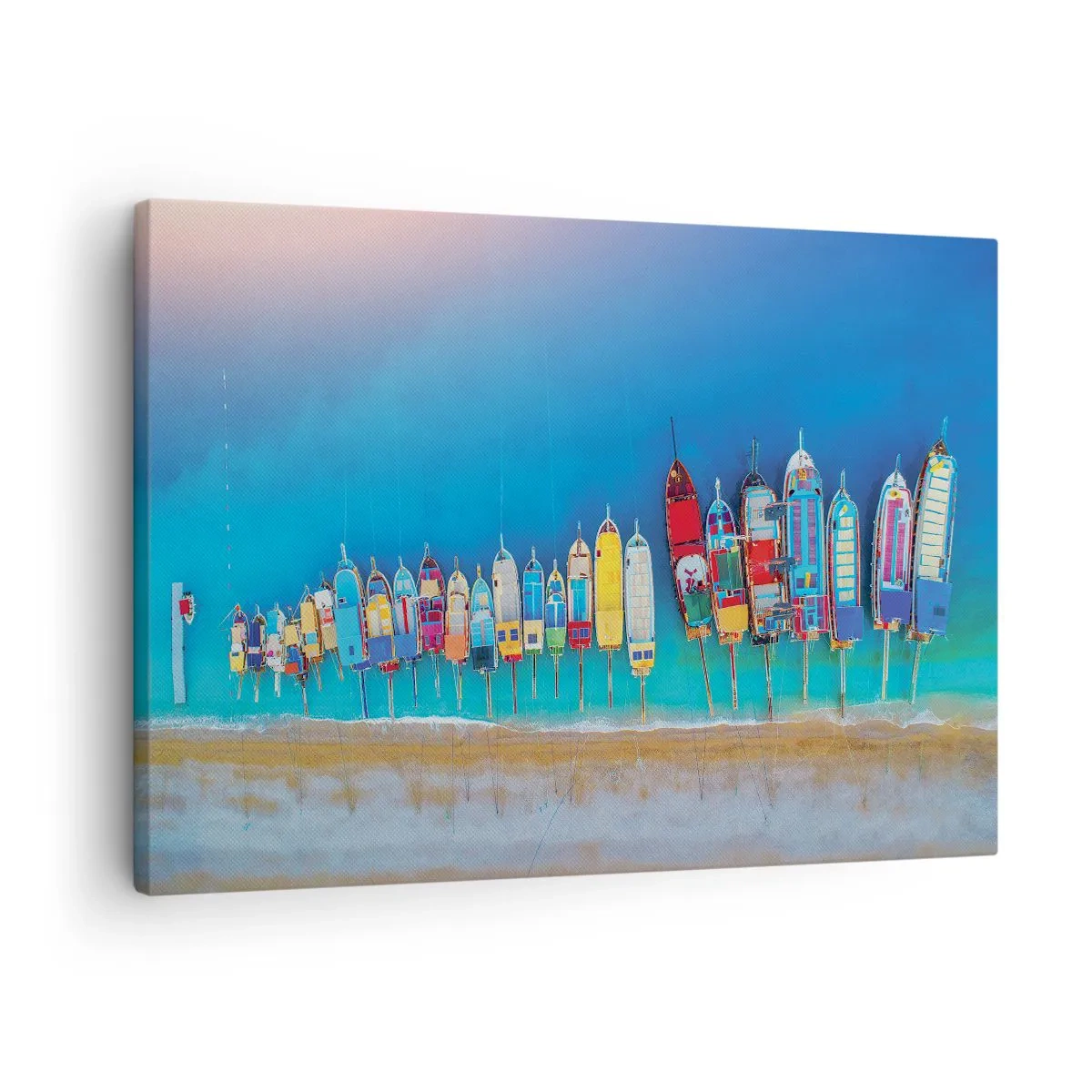 Tablou pe pânză Canvas - Bărci colorate aliniate la rând pe țărm - 70x50cm - Din perspectiva unei păsări - Decorațiune modernă pentru perete pentru living și dormitor ARTTOR