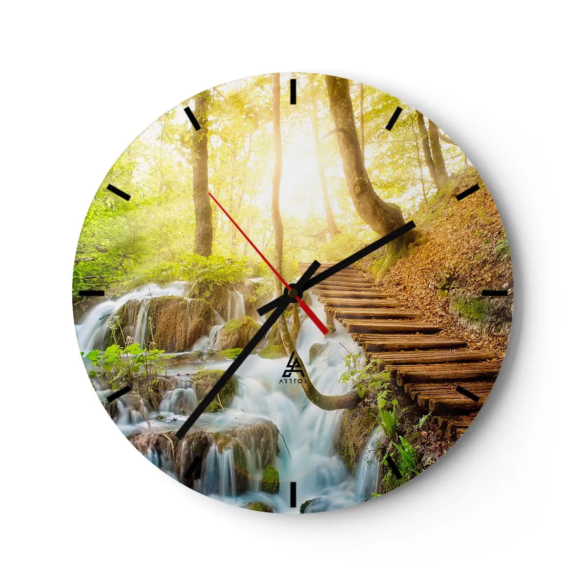 Ceas de perete - Ceas pe sticlă - O potecă de lemn lângă cascade într-o pădure însorită - 30x30cm - Răcirea dorită - Decorațiune modernă pentru perete pentru living, bucătărie și dormitor ARTTOR