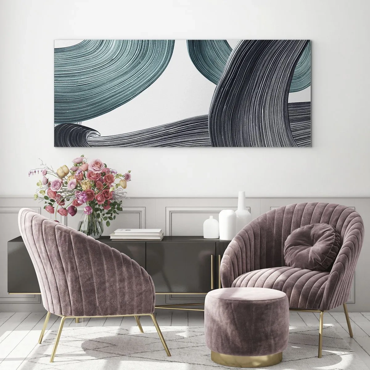 Tablou pe sticlă - Trasee de smarald și negru - 100x40 cm