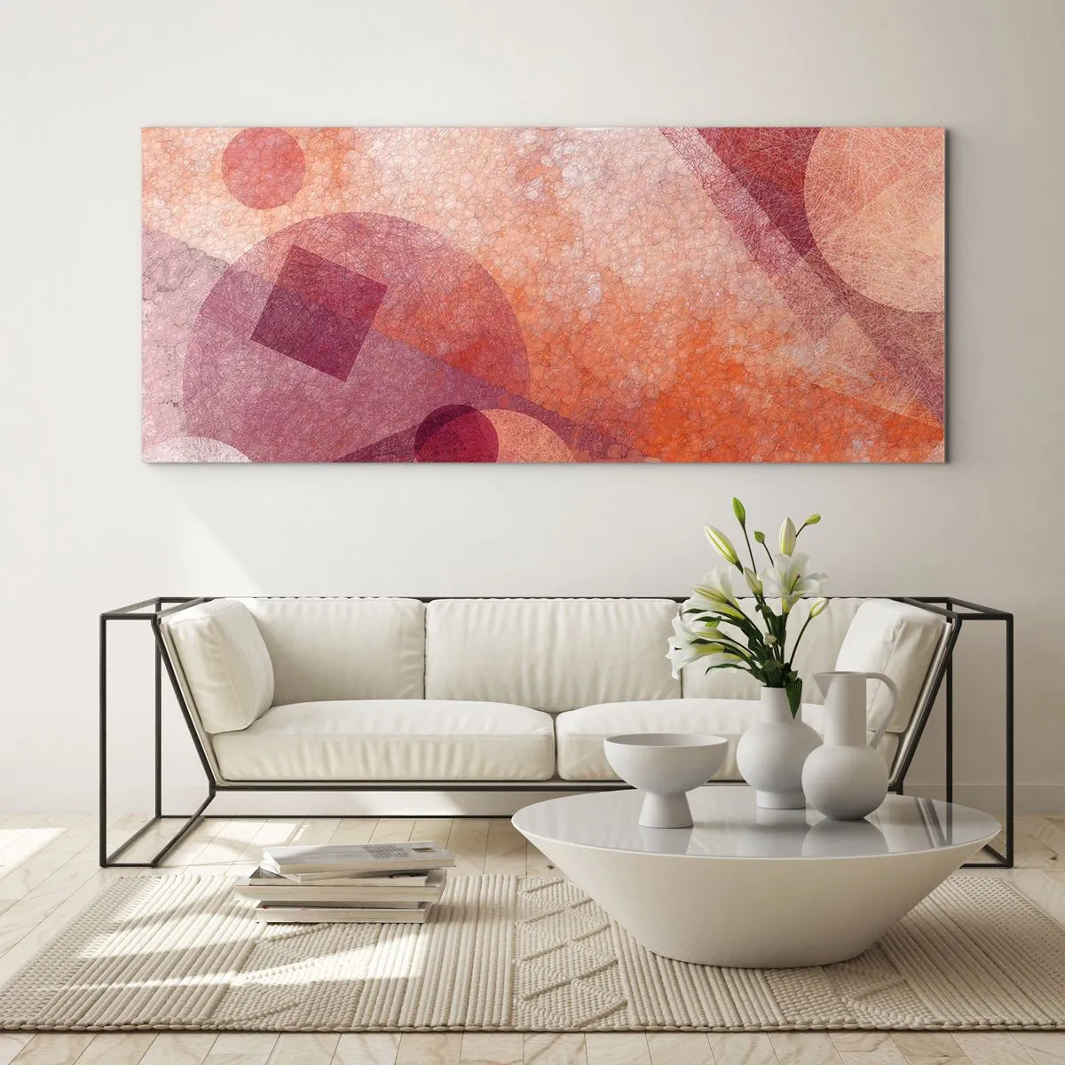 Tablou pe sticlă - Transformări geometrice în roz - 100x40 cm
