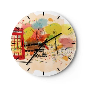 Ceas de perete - Ceas pe sticlă - O schiță colorată a orașului cu Big Ben și un autobuz roșu. - 30x30cm - Orașul varietăților - Decorațiune modernă pentru perete pentru living, bucătărie și dormitor ARTTOR