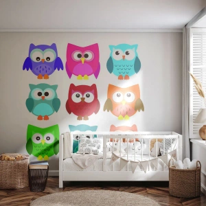 Tapet Standard Eco - Bufnițe colorate pe fundal alb, în stil de basm - 100x70cm - Diferențele pot fi amuzante - Decorațiune modernă pentru perete pentru living și dormitor ARTTOR