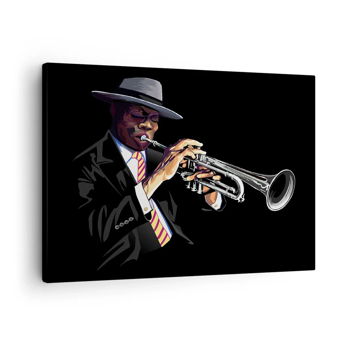 Tablou pe pânză Canvas - Un muzician cântând la trompetă pe un fundal negru - 70x50cm - Farmecul unei școli vechi - Decorațiune modernă pentru perete pentru living și dormitor ARTTOR
