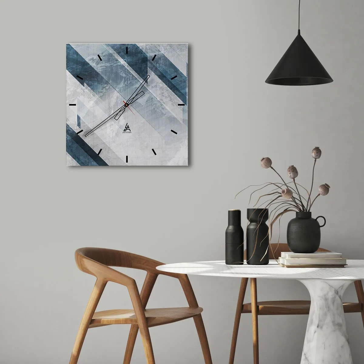 Ceas de perete - Ceas pe sticlă - Compoziția spațială - mișcarea griului - 30x30 cm