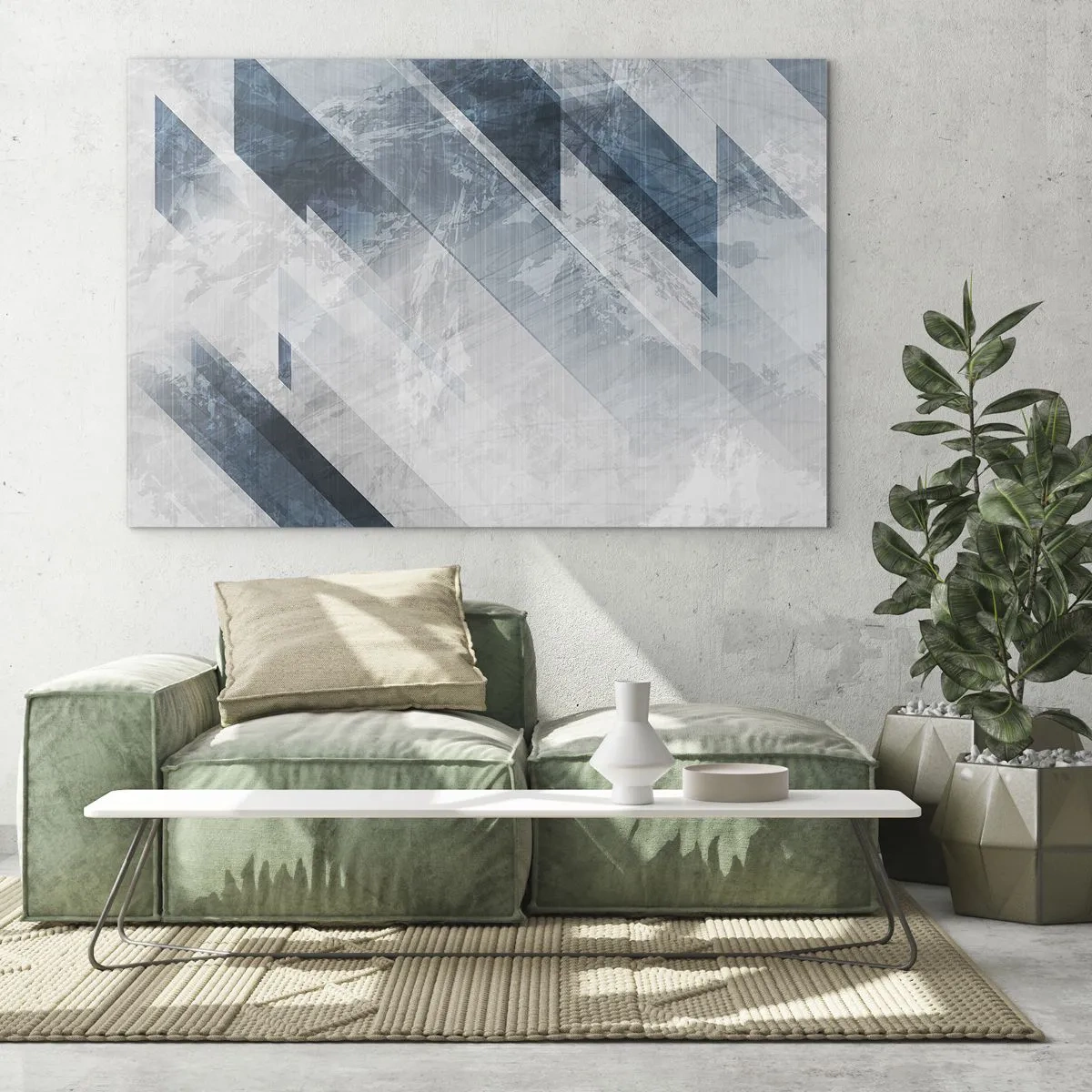Tablou pe sticlă - Dungi geometrice în nuanțe de gri și bleumarin - 70x50cm - Compoziția spațială - mișcarea griului - Decorațiune modernă pentru perete pentru living și dormitor ARTTOR