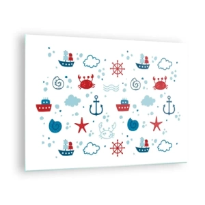 Tablou pe sticlă - Modele nautice cu crabi, ancore și nave - 70x50cm - O poveste maritimă - Decorațiune modernă pentru perete pentru living și dormitor ARTTOR