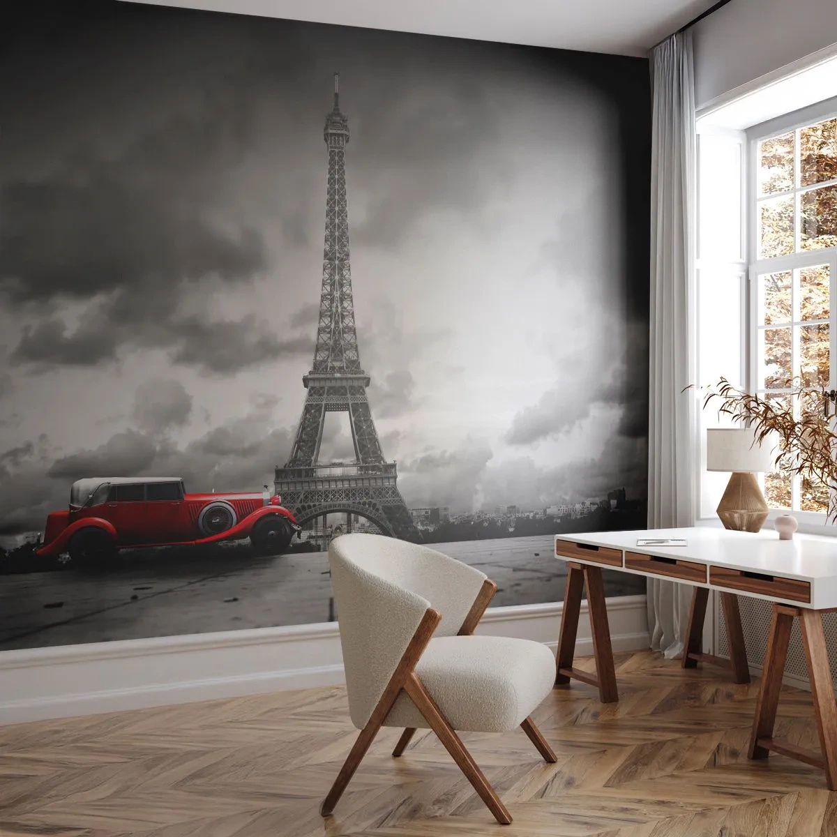 Tapet Premium Canvas - Nu cu mult timp în urmă, la Paris - Automobile, turnul Eiffel, Paris - 300x210 cm