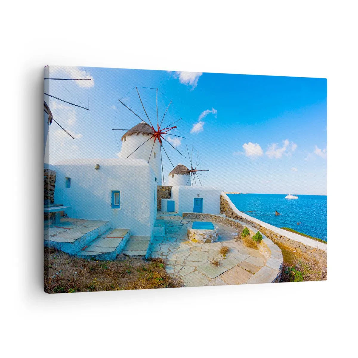 Tablou pe pânză Canvas - Mori de vânt albe pe țărmurile mării albastre - 70x50cm - Vânt albastru dinspre mare - Decorațiune modernă pentru perete pentru living și dormitor ARTTOR