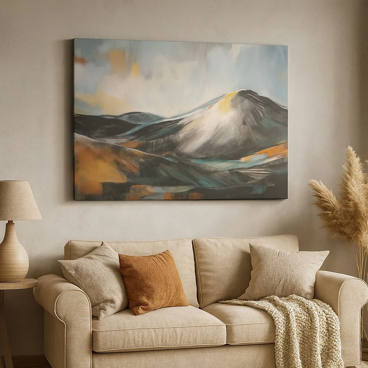 Tablou pe pânză Canvas - Peisaj montan abstract în nuanțe calde - 70x50cm - Dure și frumoase - Decorațiune modernă pentru perete pentru living și dormitor ARTTOR