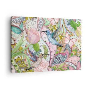 Tablou pe pânză Canvas - Colibri și fluturi colorați printre plante - 70x50cm - Încurcat în viță de vie - Decorațiune modernă pentru perete pentru living și dormitor ARTTOR