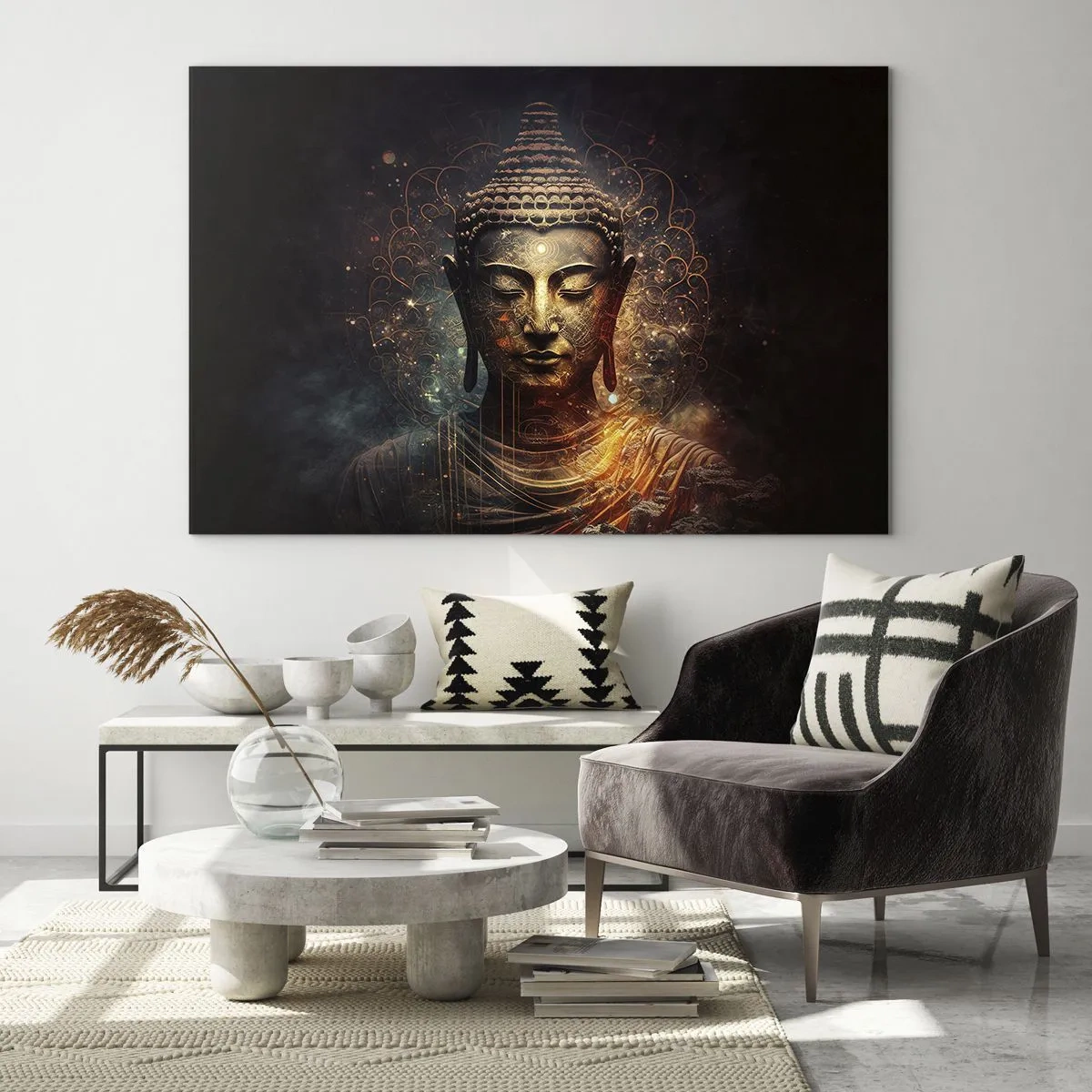 Tablou pe sticlă - O figură aurie a lui Buddha pe un fundal întunecat cu ornamente - 70x50cm - Echilibru spiritual - Decorațiune modernă pentru perete pentru living și dormitor ARTTOR