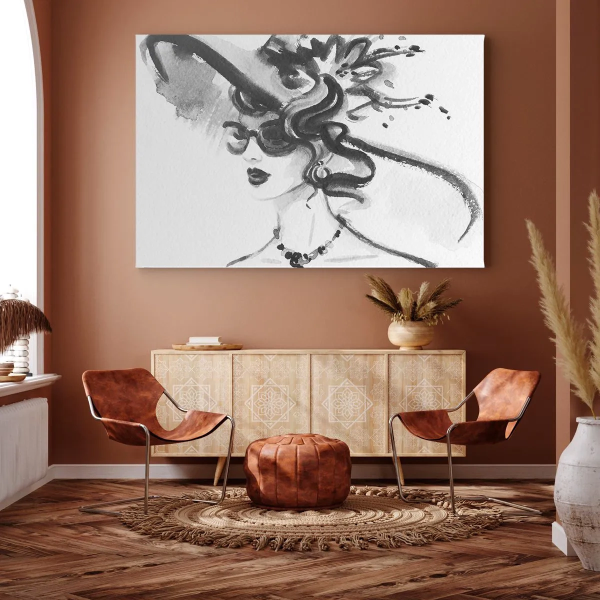 Tablou pe pânză Canvas - Femeie elegantă cu o pălărie în stil alb-negru - 70x50cm - Dama cu caracter - Decorațiune modernă pentru perete pentru living și dormitor ARTTOR