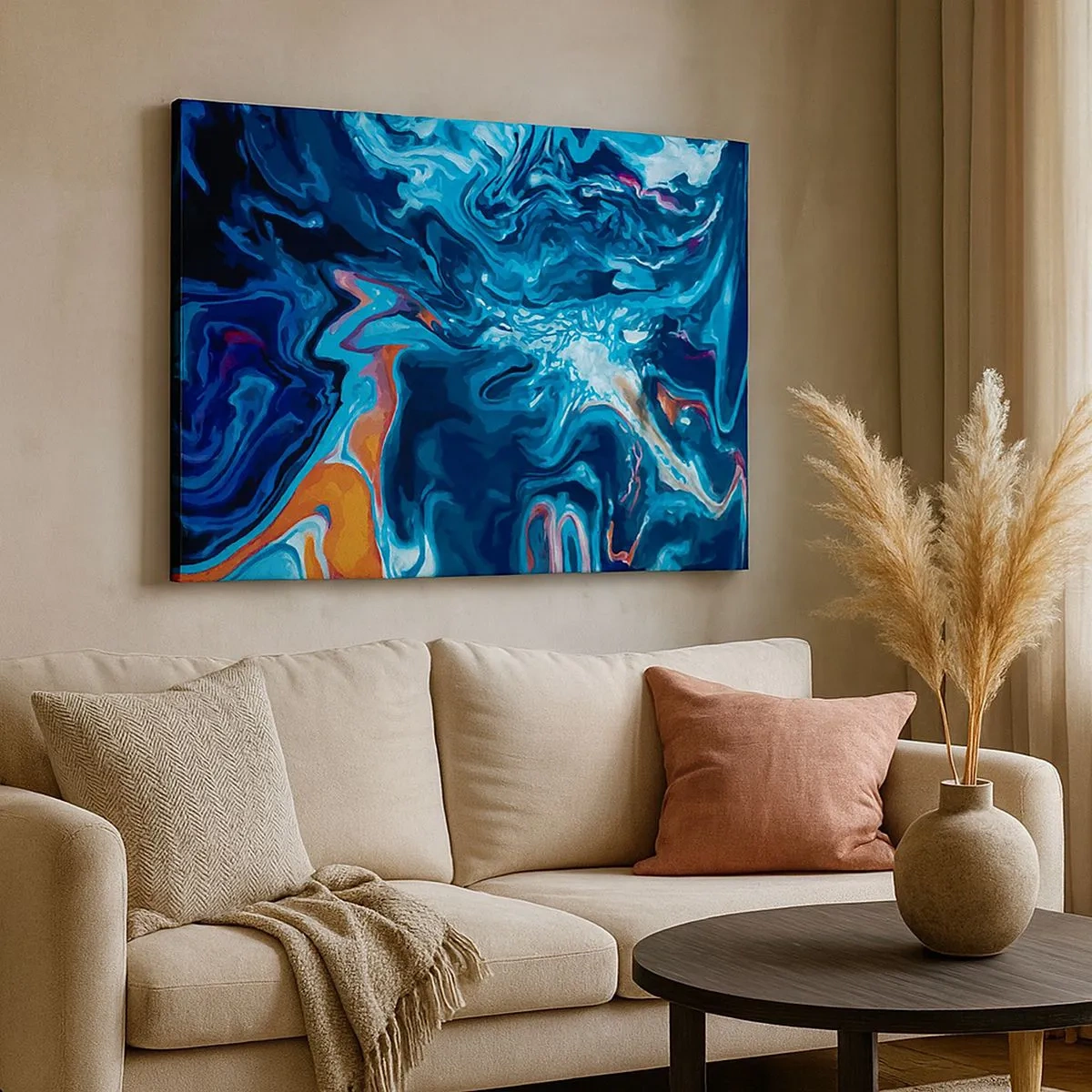Tablou pe pânză Canvas - Un model abstract în nuanțe de albastru cu accente portocalii. - 70x50cm - Călătorie spre centrul cerului - Decorațiune modernă pentru perete pentru living și dormitor ARTTOR