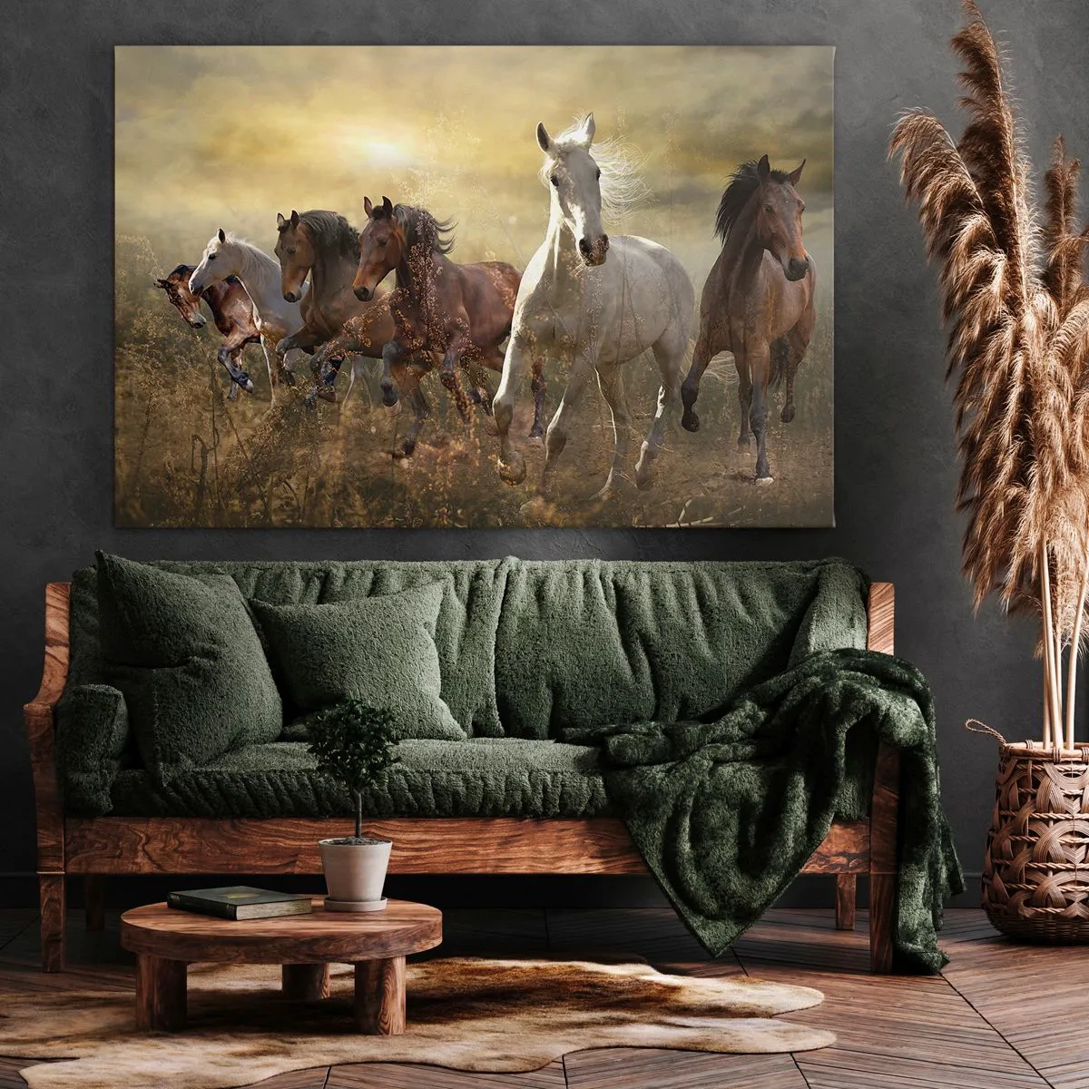 Tablou pe pânză Canvas - Un grup de cai în galop pe fundalul soarelui apus - 70x50cm - Trăiască libertatea! - Decorațiune modernă pentru perete pentru living și dormitor ARTTOR