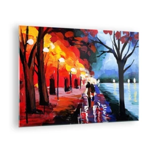 Tablou pe sticlă - Un cuplu plimbându-se într-un parc colorat seara - 70x50cm - Toamnă înflăcărată în parc - Decorațiune modernă pentru perete pentru living și dormitor ARTTOR