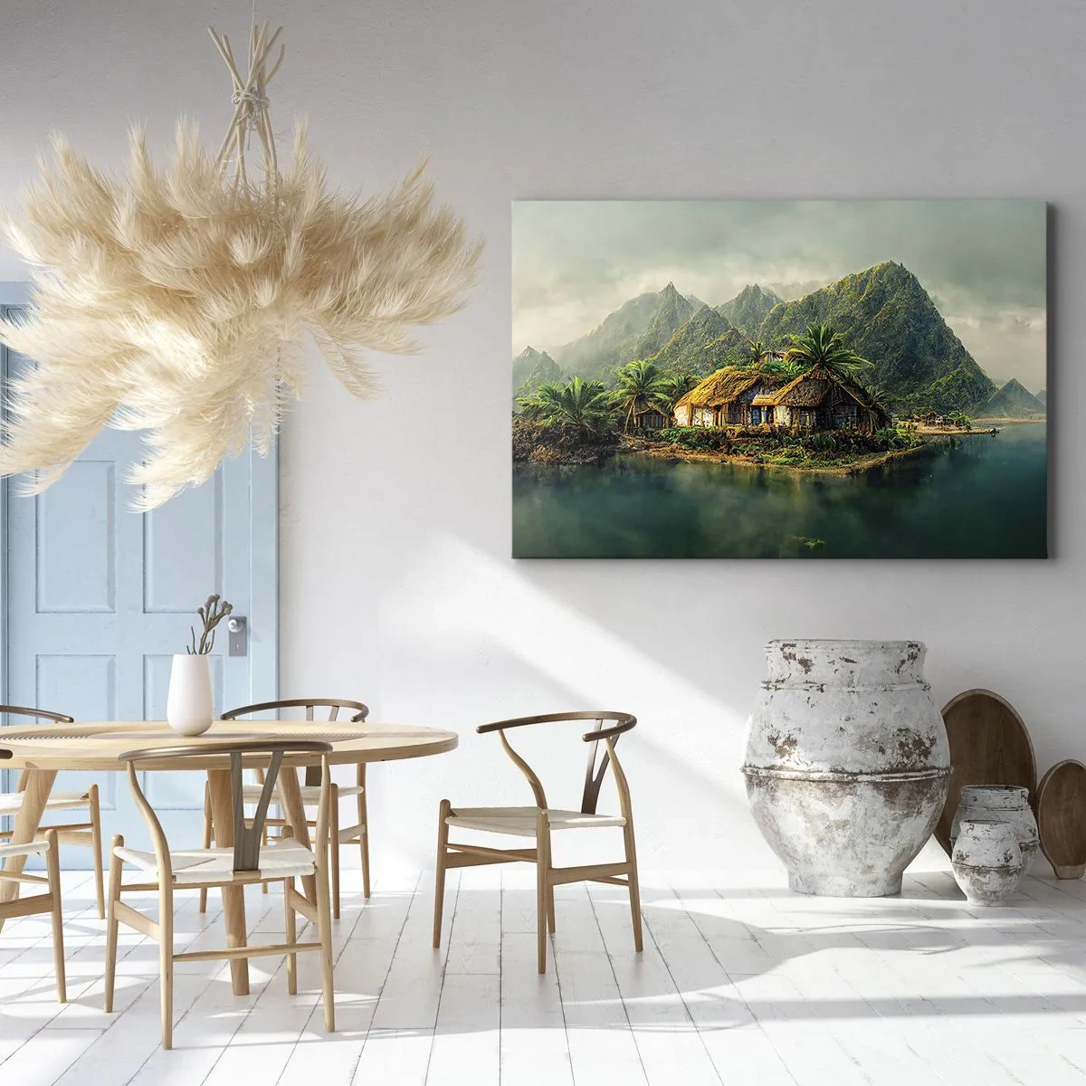 Tablou pe pânză Canvas - insulă tropicală cu palmieri și munți în fundal - 70x50cm - Paradisul tropical - Decorațiune modernă pentru perete pentru living și dormitor ARTTOR