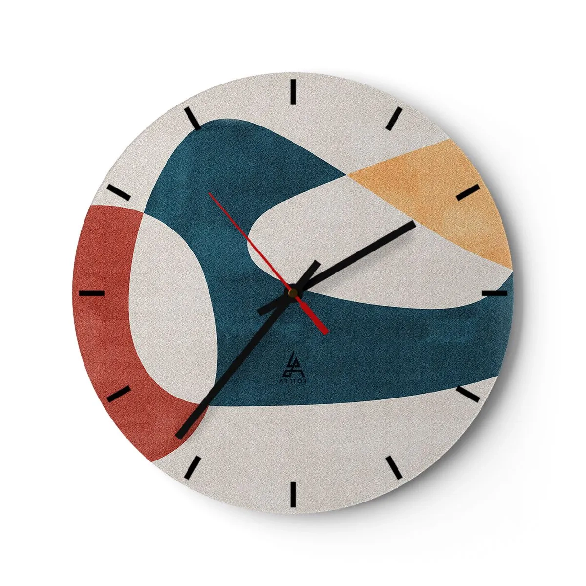 Ceas de perete - Ceas pe sticlă - Forme abstracte în nuanțe de roșu, albastru marin și bej - 30x30cm - Influențe și metamorfoze - Decorațiune modernă pentru perete pentru living, bucătărie și dormitor ARTTOR
