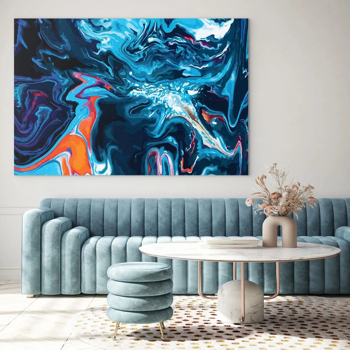 Tablou pe sticlă - Un model abstract în nuanțe de albastru cu accente de roșu și alb. - 70x50cm - Călătorie spre centrul cerului - Decorațiune modernă pentru perete pentru living și dormitor ARTTOR