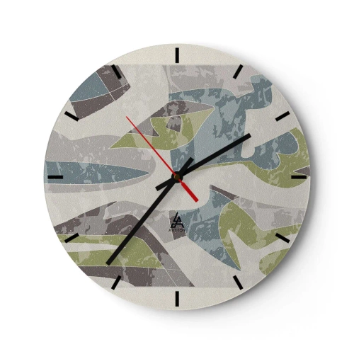 Ceas de perete - Ceas pe sticlă - Abstracțiuni geometrice în verde și albastru pe un fundal deschis - 30x30cm - Compoziție din spatele geamului - Decorațiune modernă pentru perete pentru living, bucătărie și dormitor ARTTOR
