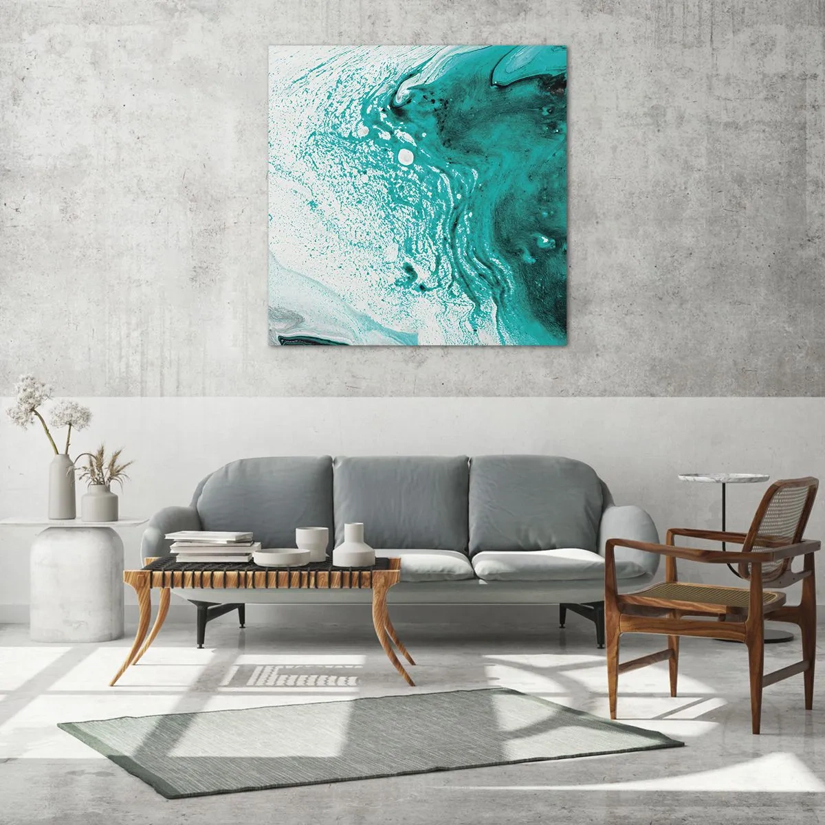Tablou pe sticlă - Dizolvându-se în alb și turcoaz - 30x30 cm